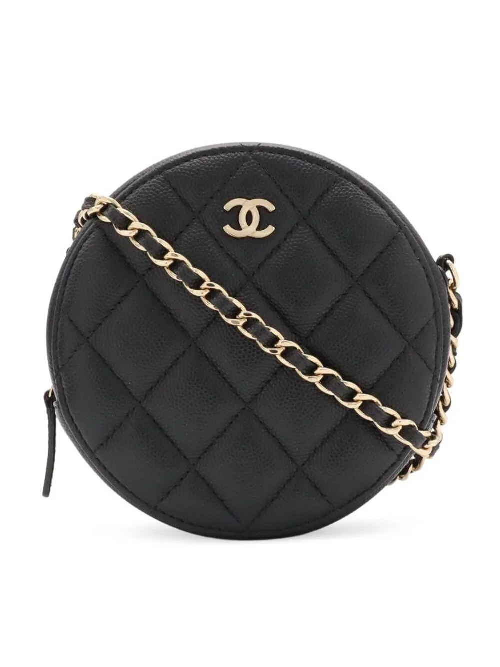 Chanel Quilted Chain Shoulder Bag Pochette Round Crossbody Caviar Leather Black